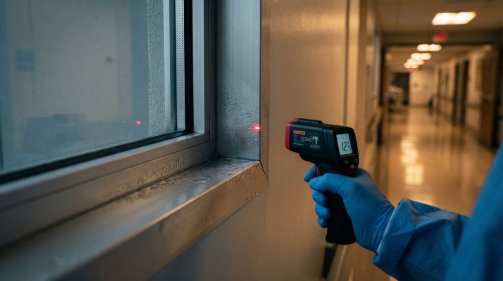 a gloved hand using a thermal imaging scanner to look for moisture to prevent mold